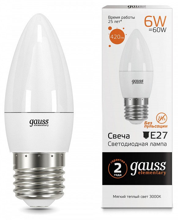 Лампа светодиодная gauss led elementary candle e27 6вт 3000k 33216