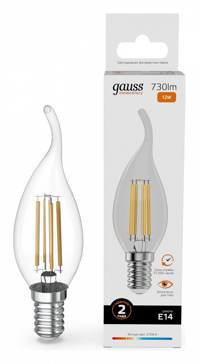 Лампа светодиодная gauss filament elementary e14 12вт 2700k 42112