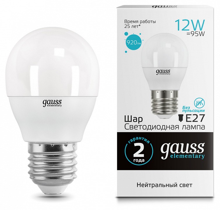 Лампа светодиодная gauss led elementary e27 12вт 4100k 53222