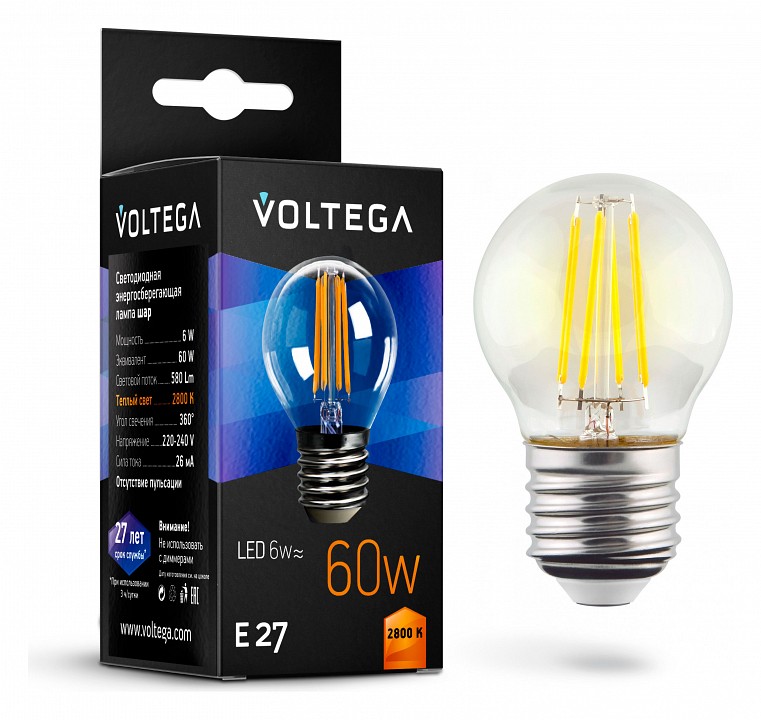 Лампа светодиодная voltega globe e27 6w e27 6вт 2800k 7023