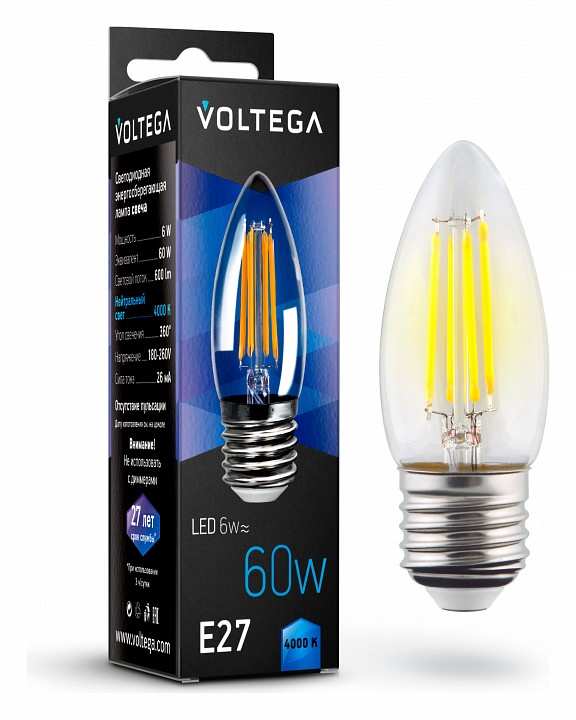 Лампа светодиодная voltega candle e27 6w e27 6вт 4000k 7029
