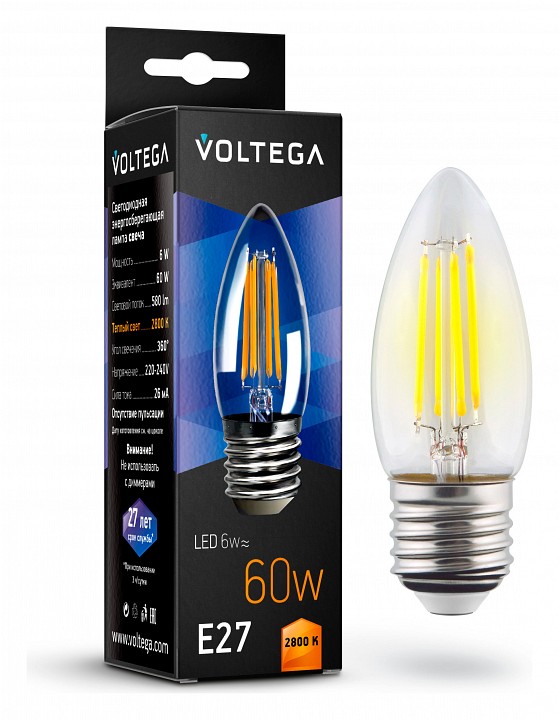 Лампа светодиодная voltega candle e27 6w e27 6вт 2800k 7046