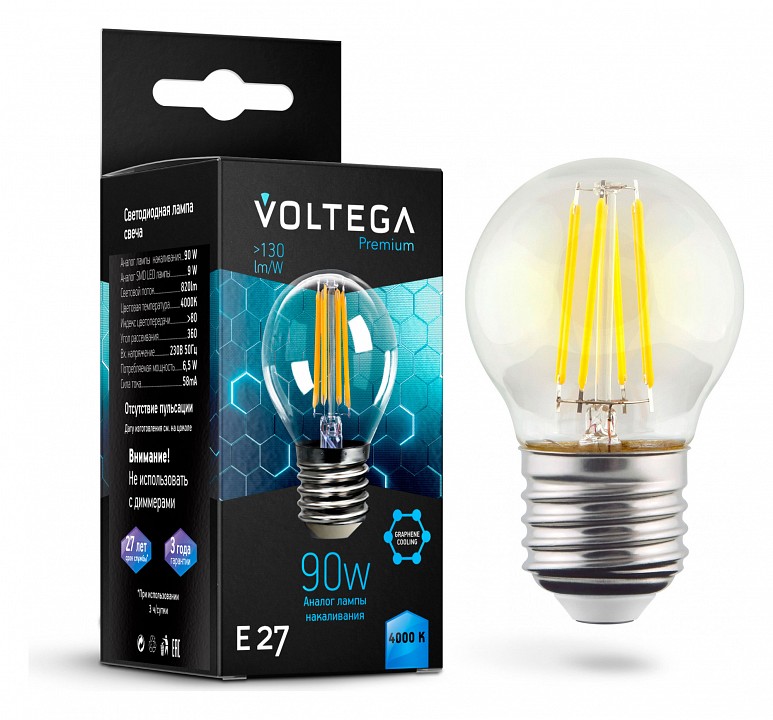 Лампа светодиодная voltega globe e27 9w graphene e27 7вт 4000k 7139