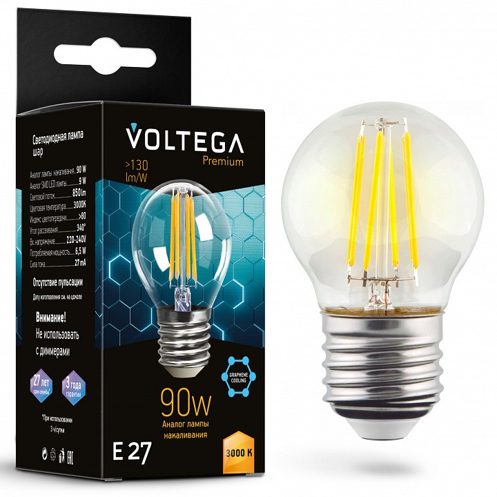 Лампа светодиодная voltega globe e27 9w graphene e27 6вт 3000k 7224