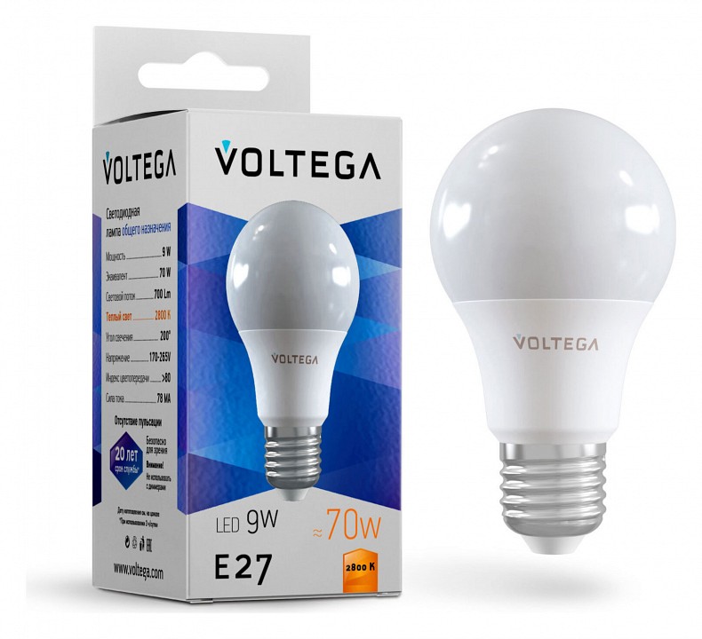 Лампа светодиодная voltega general purpose bulb 9w e27 9вт 2800k 8343