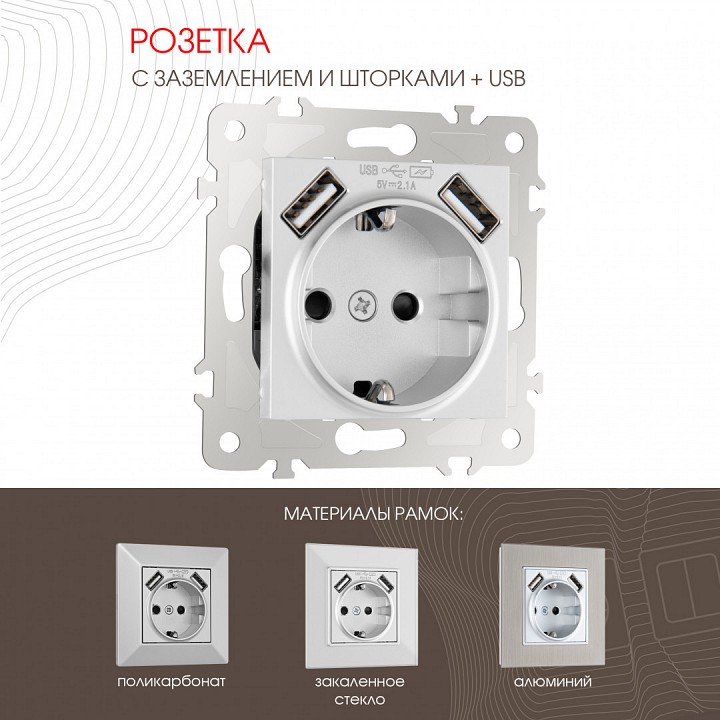 Розетка с заземлением и со шторкой и 2хusb, Без рамки arte milano am-203 203.47-1.silver