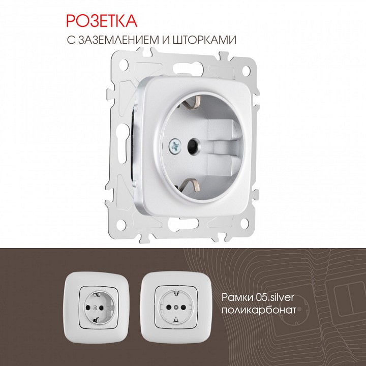 Розетка с заземлением и со шторкой, Без рамки arte milano am-205 205.40-1.silver