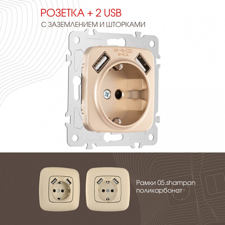 Розетка с заземлением и со шторкой и 2хusb, Без рамки arte milano am-205 205.47-1.shampan