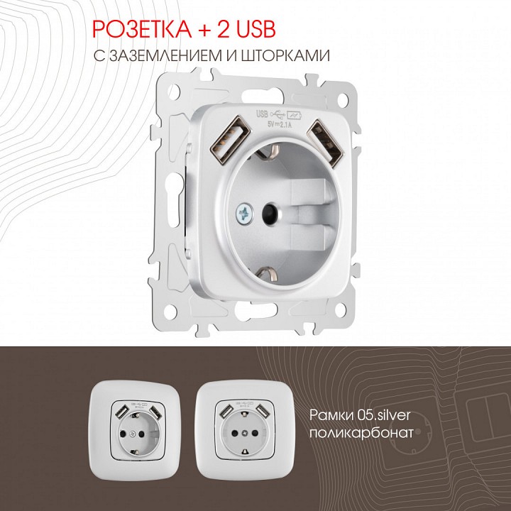 Розетка с заземлением и со шторкой и 2хusb, Без рамки arte milano am-205 205.47-1.silver