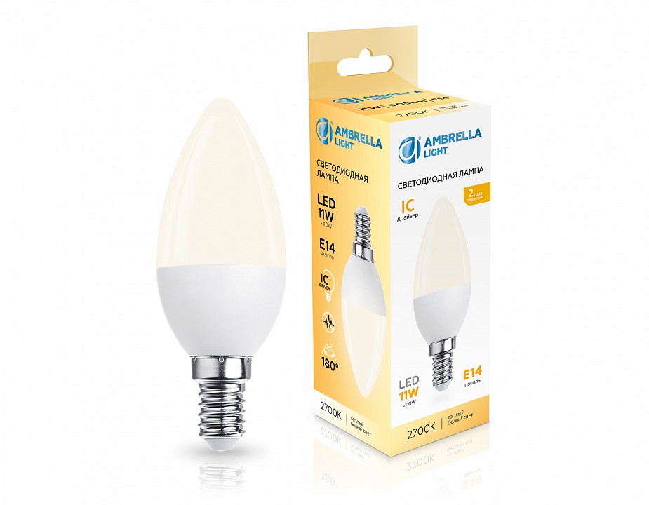 Лампа светодиодная ambrella light c37 e14 11вт 2700k 371113