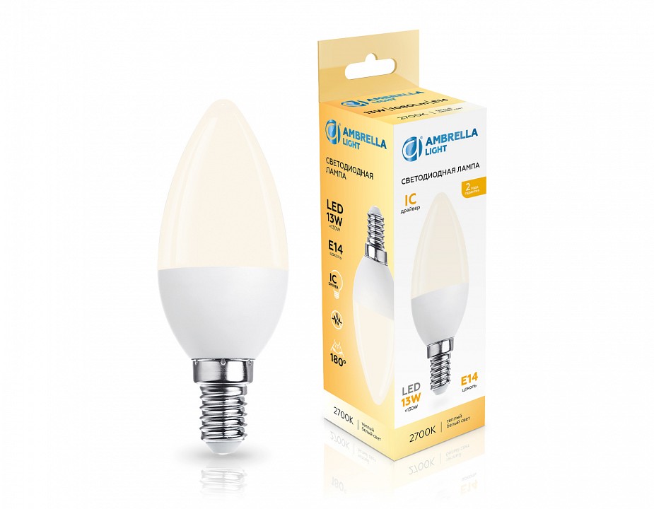 Лампа светодиодная ambrella light c37 e14 13вт 2700k 371313