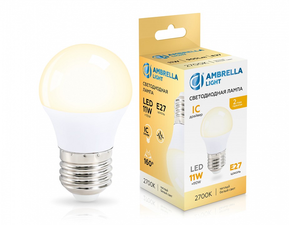 Лампа светодиодная ambrella light g45 e27 11вт 2700k 451103