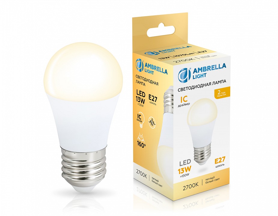 Лампа светодиодная ambrella light g45 e27 13вт 2700k 451303