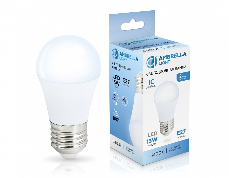Лампа светодиодная ambrella light g45 e27 13вт 6400k 451306