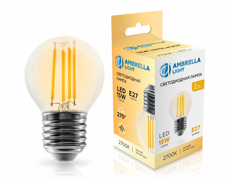 Лампа светодиодная ambrella light g45 e27 15вт 2700k 451523