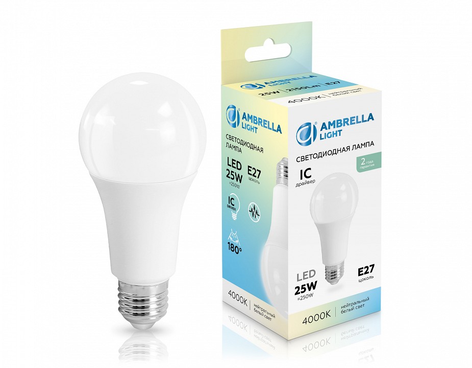 Лампа светодиодная ambrella light a65 e27 25вт 4000k 652504