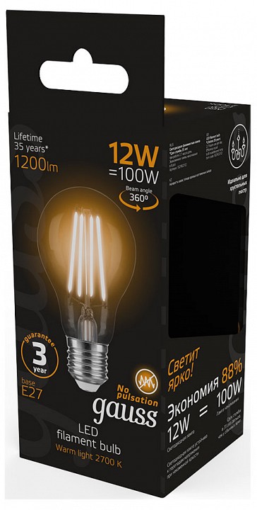 Лампа светодиодная gauss filament e27 12вт 2700k 102902112