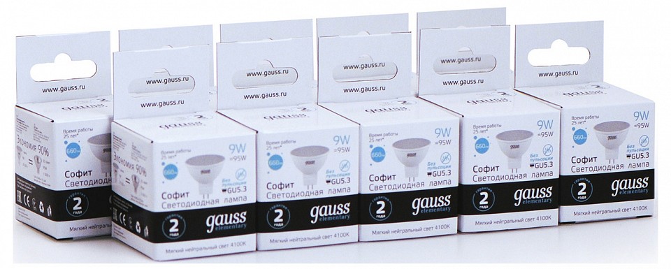 Лампа светодиодная gauss софит gu5.3 9вт 4100k 13529