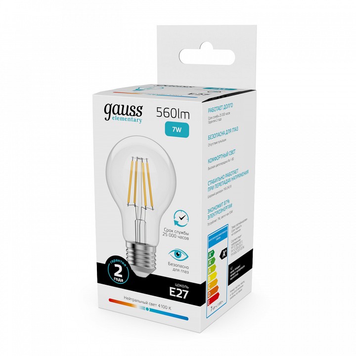 Лампа светодиодная gauss filament elementary e27 7вт 4100k 22227