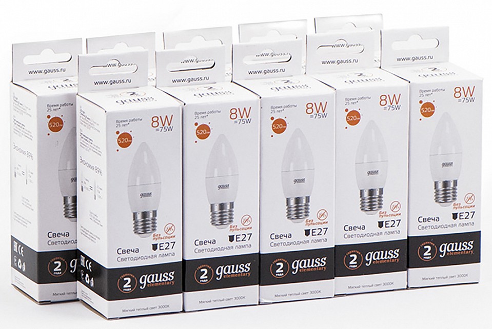 Лампа светодиодная gauss led elementary candle e27 8вт 3000k 33218