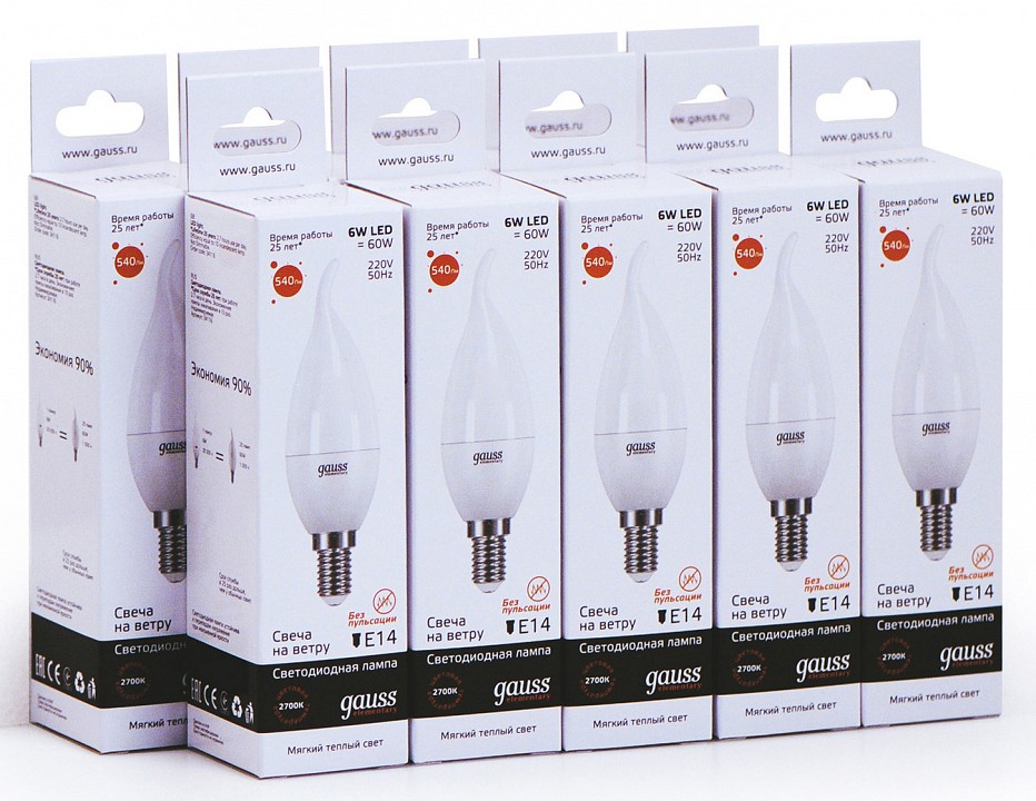 Лампа светодиодная gauss led elementary candle tailed e14 6вт 3000k 34116