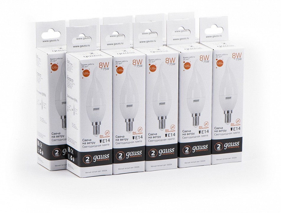 Лампа светодиодная gauss led elementary candle tailed e14 8вт 3000k 34118