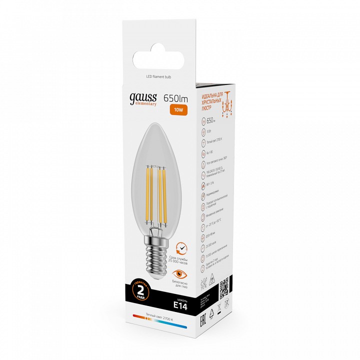 Лампа светодиодная gauss filament elementary e14 10вт 2700k 32110