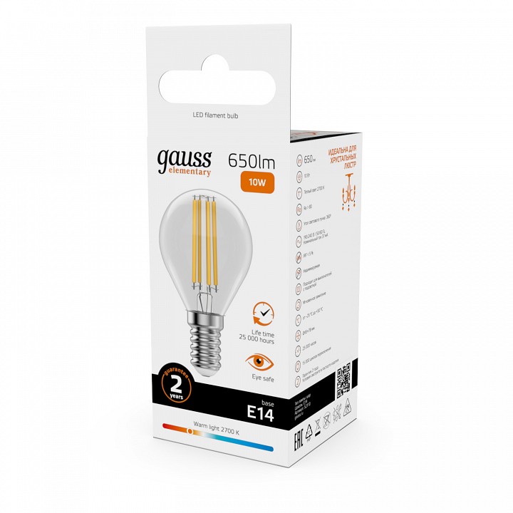 Лампа светодиодная gauss filament elementary e14 10вт 2700k 52110