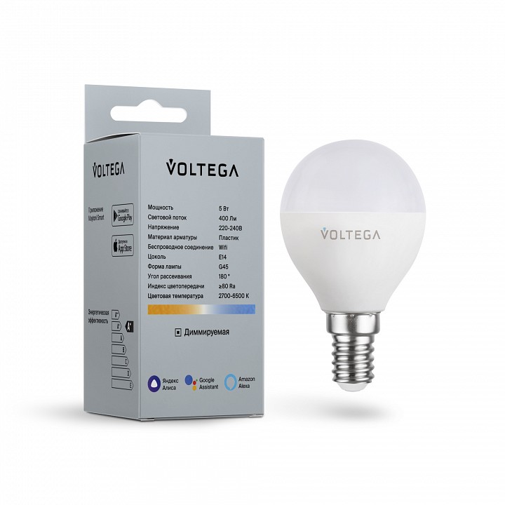 Лампа светодиодная с управлением через wi-fi voltega wi-fi bulbs e14 5вт 2700-6500k 2428