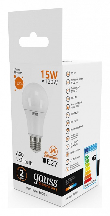 Лампа светодиодная gauss led elementary a60 e27 15вт 3000k 23215