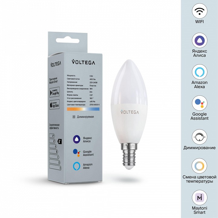 Лампа светодиодная с управлением через wi-fi voltega wi-fi bulbs e14 5вт 2700-6500k 2427