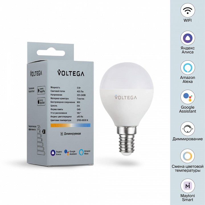 Лампа светодиодная с управлением через wi-fi voltega wi-fi bulbs e14 5вт 2700-6500k 2428