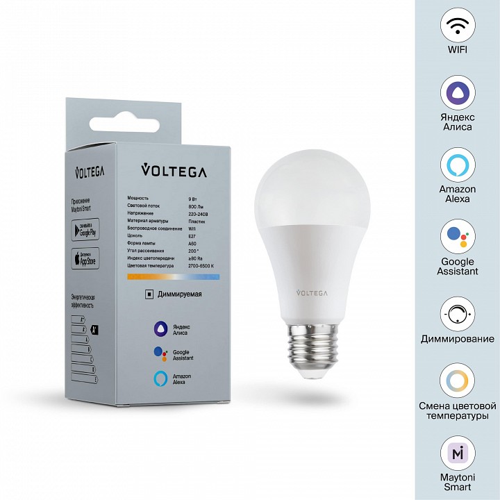 Лампа светодиодная с управлением через wi-fi voltega wi-fi bulbs e27 9вт 2700-6500k 2429
