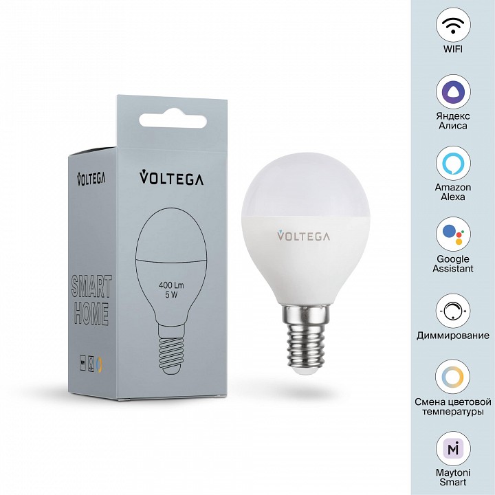Лампа светодиодная с управлением через wi-fi voltega wi-fi bulbs e14 5вт 2700-6500k 2428