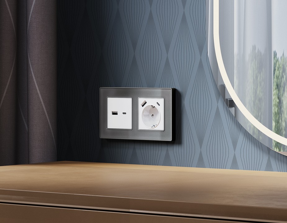 Накладка для розетки с заземлением и со шторками и 2хusb type a и c ambrella volt quant ap1300
