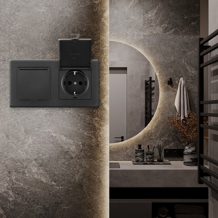 Розетка влагозащищенная с заземлением и со шторкой с крышкой arte milano set06-2 set06-2-41-1x2 black