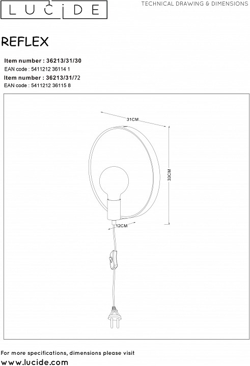 Бра lucide reflex 36213/31/72
