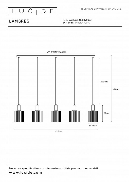 Подвесной светильник lucide lambres 45410/05/41