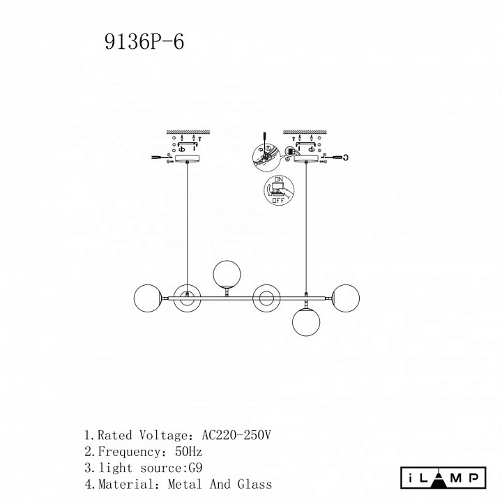 Подвесная люстра ilamp golden 9136p/6 bk-wh